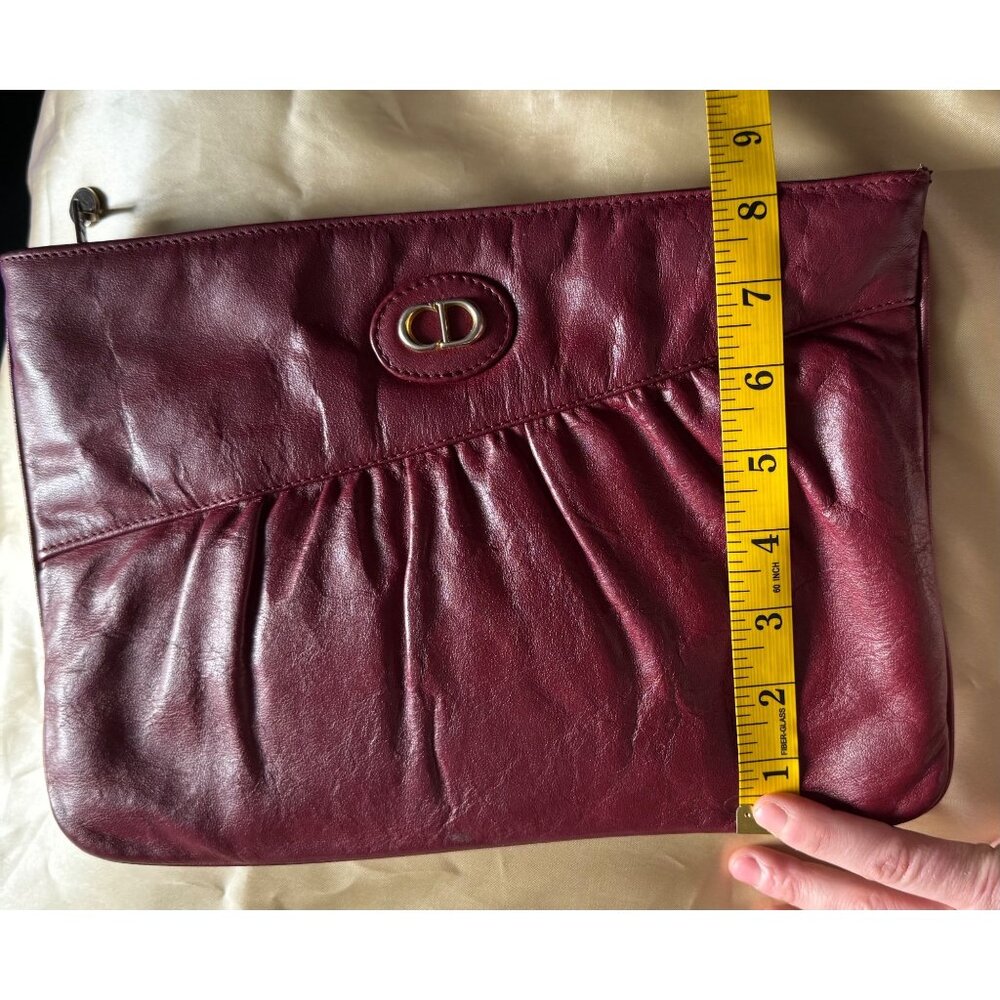 Christian Dior Burgundy Leather Clutch Bag With Ruched Design & CD Logo Top Zip - Picture 8 of 9